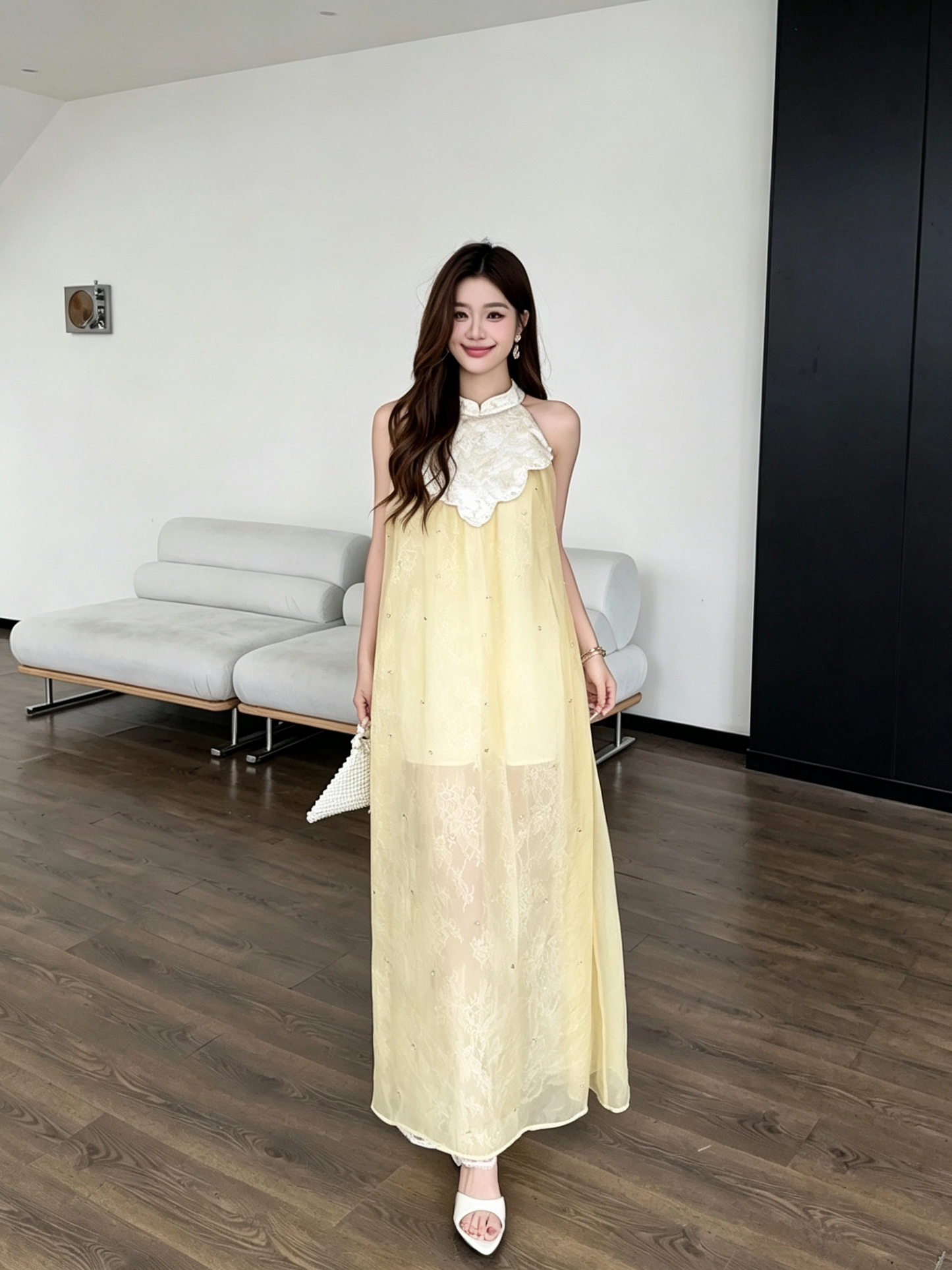 Yellow Embroidered Sheer Maxi Dress