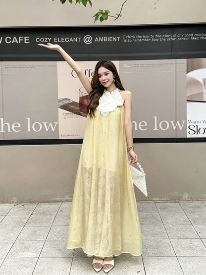 Yellow Embroidered Sheer Maxi Dress