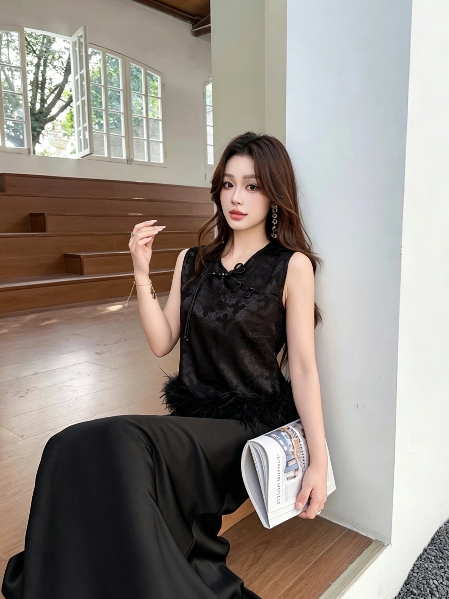 Black Feather Trim Jacquard Top
