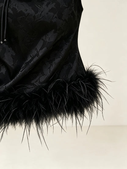 Black Feather Trim Jacquard Top