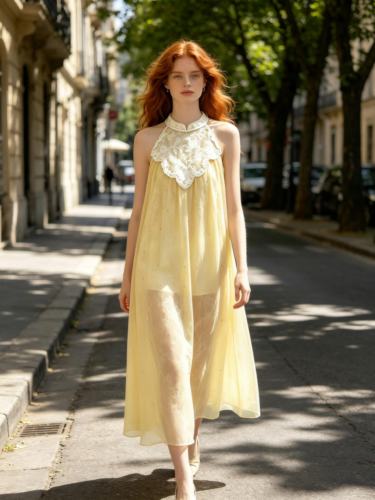 Yellow Embroidered Sheer Maxi Dress