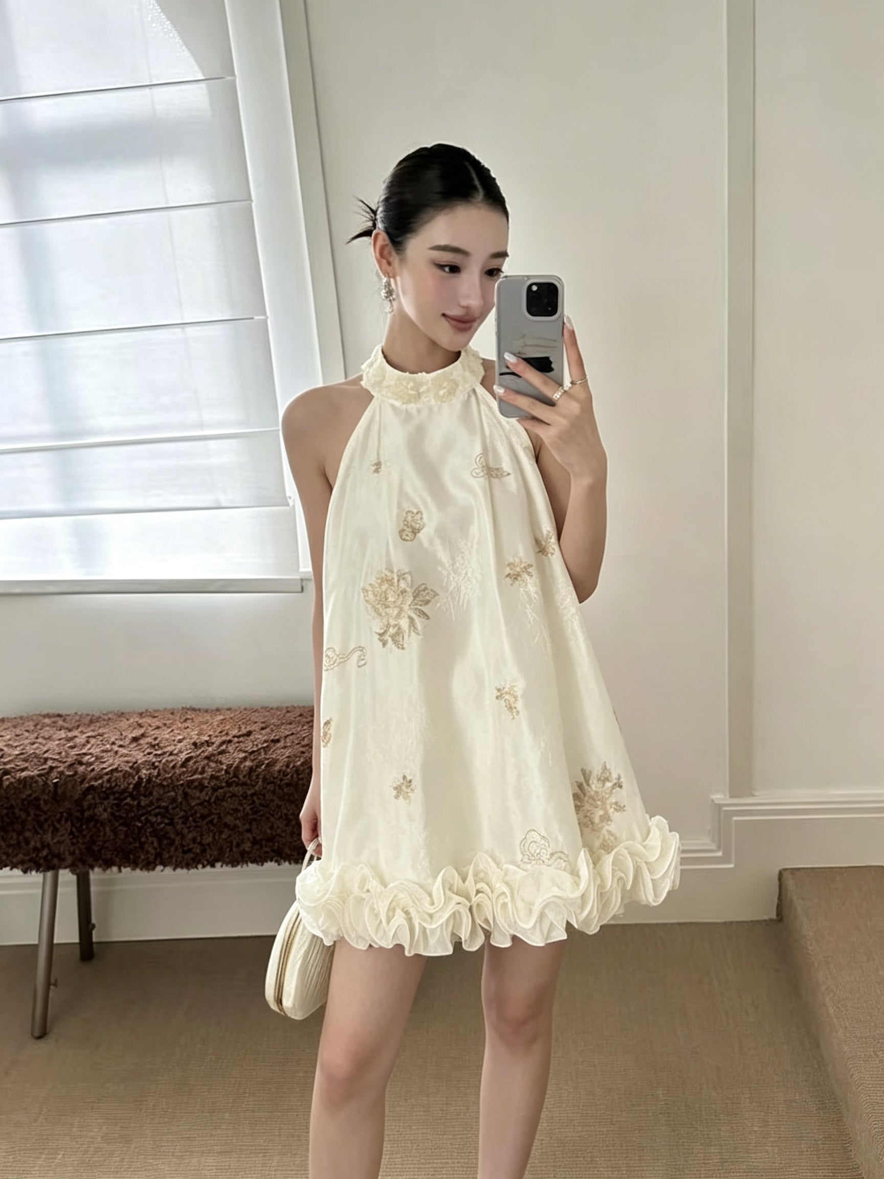 Beaded Embroidered Halter Longline Top