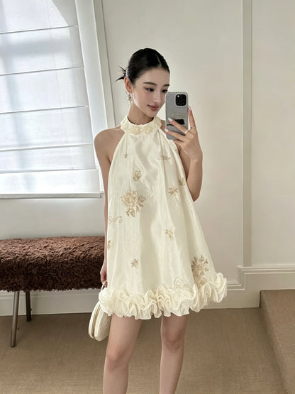 Beaded Embroidered Halter Longline Top