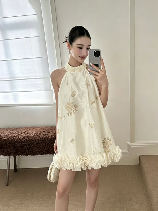 Beaded Embroidered Halter Longline Top