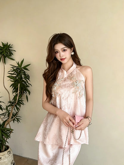 Pink Embroidered Halter Top