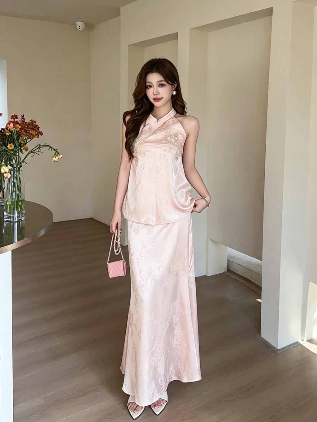 Pink Satin Print Maxi Skirt