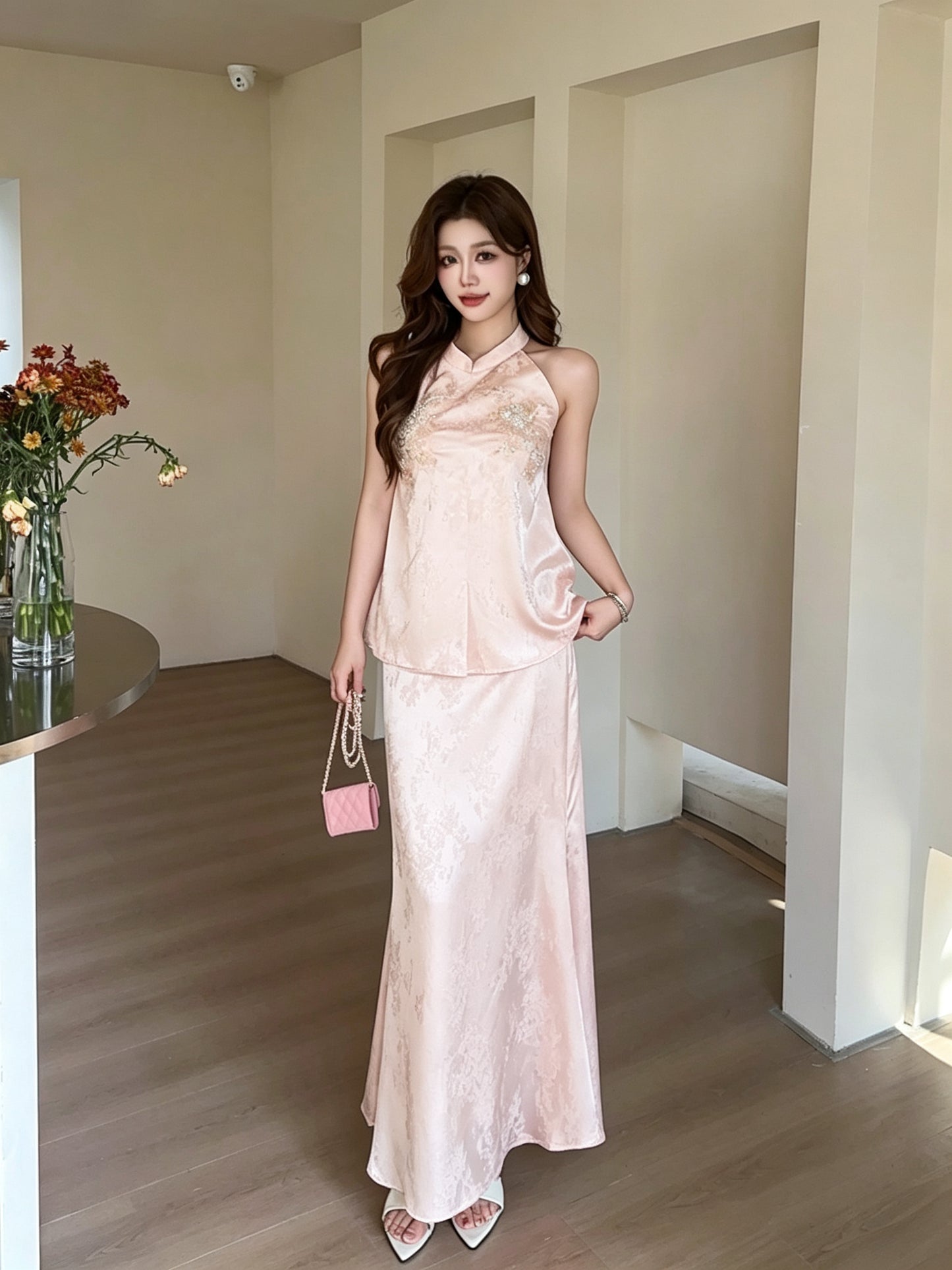 Pink Satin Print Maxi Skirt