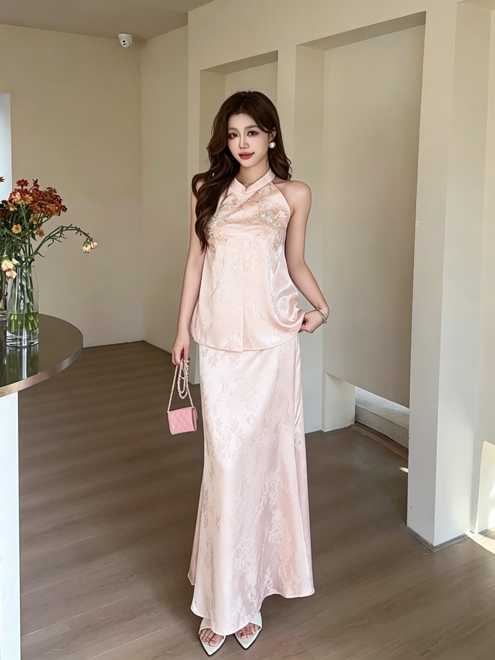 Pink Satin Print Maxi Skirt